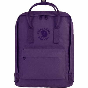 Purple Re-Kanken backpack by FjallRaven, featuring top handles, a front pocket, and the brand logo.