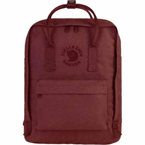 Maroon structured backpack by FjallRaven with two top handles, a zippered main compartment, and a front pocket.