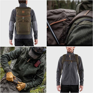 Dark olive robust backpack by FjallRaven with brown leather trim and external pockets, worn by a person in various views.
