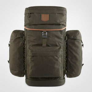 Dark olive backpack by FjallRaven with large side pockets, a brown leather top strap, and a prominent embossed logo patch.