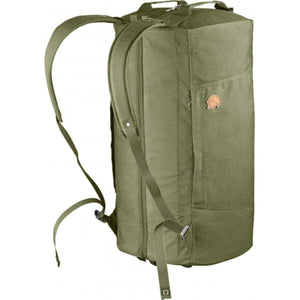 Green duffel backpack by FjallRaven with shoulder straps, a side pocket, and a fox logo, shown from the side.