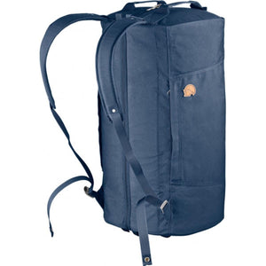 Dark blue Splitpack large bag by FjallRaven, with shoulder straps, a side pocket, and a leather fox logo.