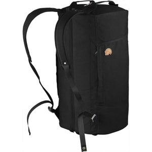 Black fabric Splitpack Large Bag by FjallRaven, side view with padded shoulder straps and an external pocket featuring a fox logo.