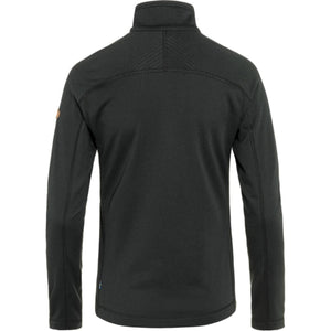 Dark green fleece jacket by FjallRaven with grid texture, textured back yoke, stand-up collar, and small sleeve logo, back view.