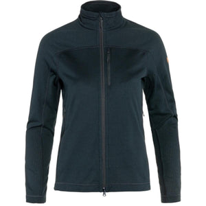 Dark blue-green women's Abisko Lite fleece jacket by FjallRaven, with a full-zip front, grid texture, and orange sleeve patch.