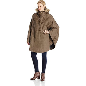 Olive brown Luhkka Jacket by FjallRaven, a poncho-style jacket with a fur-trimmed hood and quarter-zip, worn by a model.