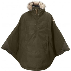 Dark olive green poncho-style Luhkka jacket by FjallRaven with a fur-trimmed hood and front half-zip closure.