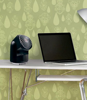 Black personal air circulator by Vornado with silver spiral fan blades on a white desk, near a laptop, against a patterned green wall.