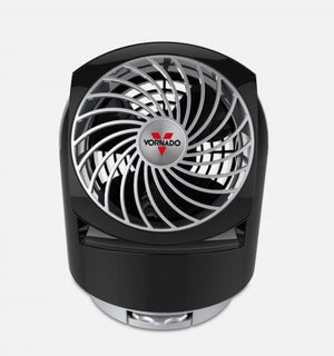 Black Personal Air Circulator by Vornado with a silver fan grill and red logo.
