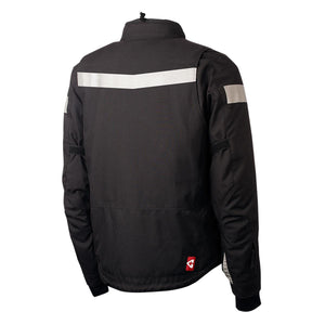 Black motorcycle heated jacket by Gerbing, angled back view with white reflective strips and a small red logo.