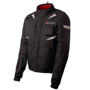 Black motorcycle heated jacket by Gerbing, with reflective gray accents, multiple pockets, and a red collar lining.