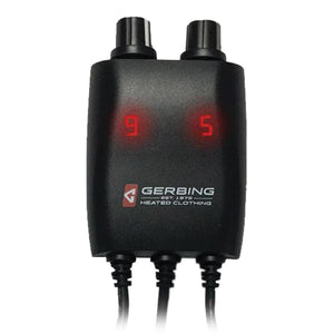 Black 12V Portable Dual-Zone Temp Controller by Gerbing with two top knobs, red digital display showing '9' and '5', and bottom wires.