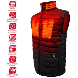 Black men's heated puffer vest by Gerbing, featuring glowing red internal heating zones on the chest and collar, with a front zipper and pocket.