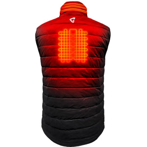 Men's black and red puffer heated vest by Gerbing, back view showing glowing orange heating elements and a 'G' logo on the collar.