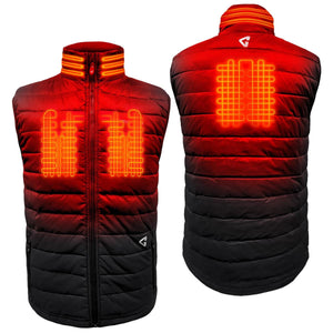 Men's red and black puffer heated vest by Gerbing, showing glowing heating elements on the front, back, and collar.