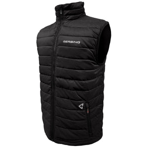 Black puffer heated vest by Gerbing, with a high collar, full zipper, chest logo, and a zippered front pocket.