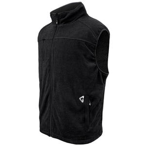 Black men's fleece heated vest by Gerbing, textured, with a standing collar, full-zip, chest pocket, and patterned lining.