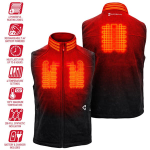 Men's black and red fleece heated vest by Gerbing, showcasing glowing heating elements on front and back, with feature icons.