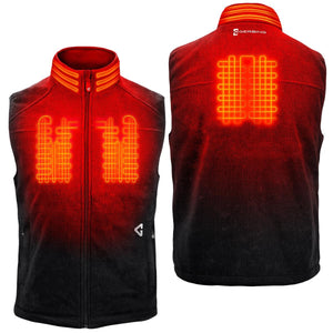 Black and red men's heated vest by Gerbing, with glowing red heating elements on front and back.