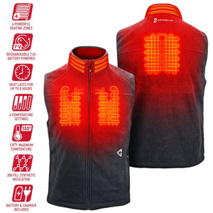 Men's red and black gradient heated vest by Gerbing, shown front and back with glowing internal heating elements and feature icons.