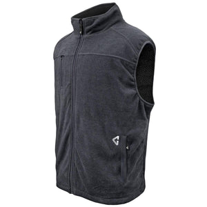 Dark gray heathered men's heated fleece vest by Gerbing, with a full zip, high collar, chest pocket, and geometric patterned lining.