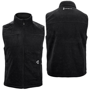 Men's black fleece vest by Gerbing, shown in front and back views with zippered pockets and brand logos.