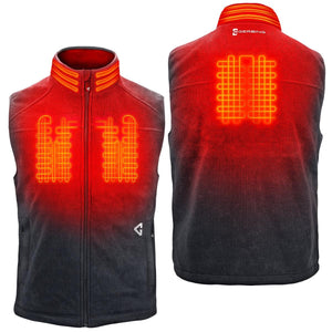 Black and red ombre heated fleece vest by Gerbing, with internal heating elements glowing red, shown from front and back.