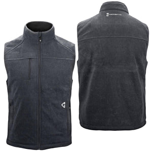 A dark gray textured fleece heated vest by Gerbing, shown front and back with full zip, chest pocket, and the brand logo on the back collar.