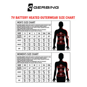 Heated outerwear size chart by Gerbing, detailing men's and women's sleeve length, chest, waist, and hip measurements with body diagrams.