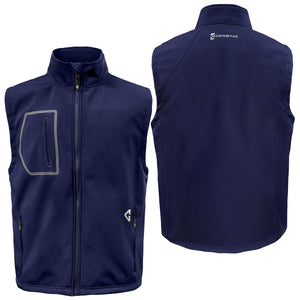 Men's navy softshell heated vest by Gerbing, with a reflective chest pocket and rear logo, shown in front and back views.