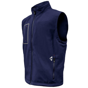 Navy heated softshell vest by Gerbing, shown from a side view, featuring a reflective chest pocket and a silver logo above the zippered side pocket.