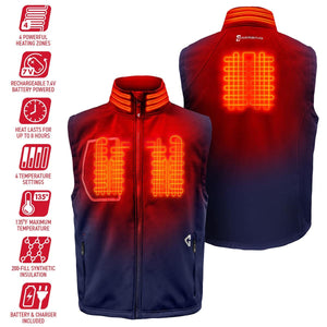 Men's heated softshell vest in navy blue and black by Gerbing, showing glowing red heating elements on the chest, collar, and back.