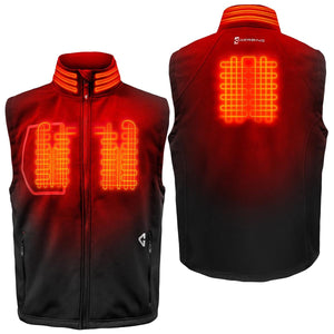 Men's black-to-red heated vest by Gerbing, shown front and back with glowing heating elements on chest, back, and collar.