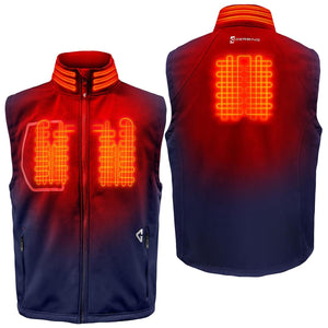 Men's dark blue and red heated vest by Gerbing, displaying glowing red heating elements on the front, back, and collar.