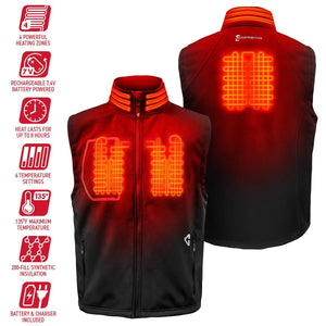 Black men's softshell heated vest by Gerbing, shown with glowing red heating elements on front and back, alongside product feature graphics.