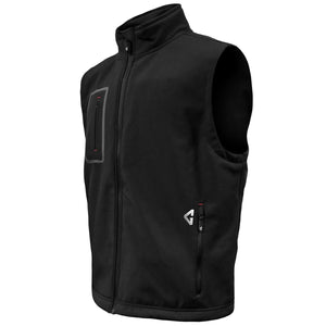 Men's black softshell heated vest by Gerbing, featuring a full zipper, a zippered chest pocket, and a zippered side pocket with a silver logo.