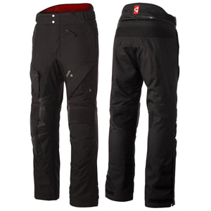 Black heated pants by Gerbing, shown front and back with multiple pockets, ribbed panels, and red inner lining.