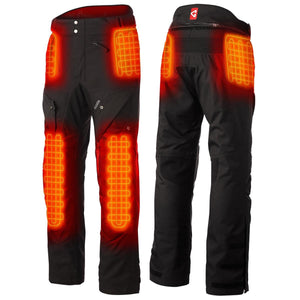 Black heated pants by Gerbing, shown front and back with glowing orange internal heating elements, pockets, and ribbed back waist.