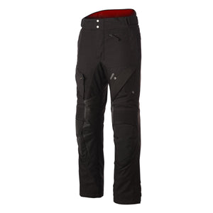 Black heated pants by Gerbing with ribbed knee panels, cargo pockets, two silver snaps, and red waistband lining.