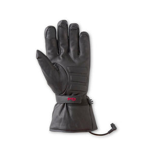 Black leather heated glove by Gerbing, featuring a red G4 logo on the wrist strap and an exposed power cord.