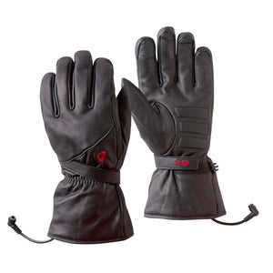 Black leather heated motorcycle gloves by Gerbing, featuring red "G4" logos and power cords.