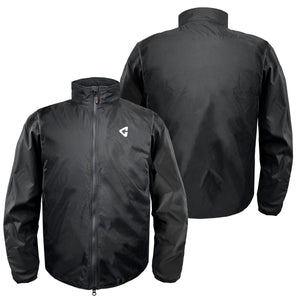 Black heated jacket liner by Gerbing, featuring a full zipper, high collar, and white logo on the chest, shown front and back.
