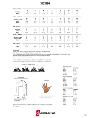 Heated jacket liner sizing guide by Gerbing, detailing body measurements for various apparel types, glove, and sock sizes.