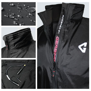 Black 12V heated jacket liner by Gerbing, highlighting waterproof fabric, high collar, "POWERED BY GERBING" text, G logo, and internal power connectors.