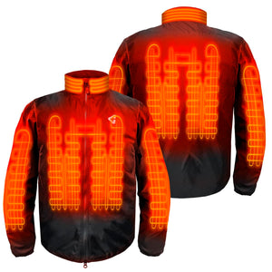 Black heated jacket liner by Gerbing, with glowing orange heating elements shown on front and back.