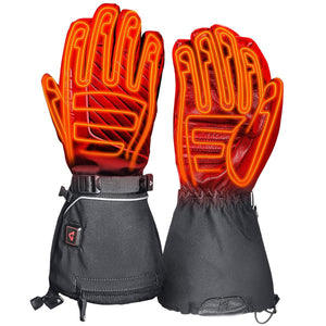 Pair of red and black heated gloves by Gerbing, showing glowing orange heating elements and a control button on the cuff.