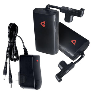 Black rechargeable battery packs for heated gloves by Gerbing, featuring a red logo and included wall charger.