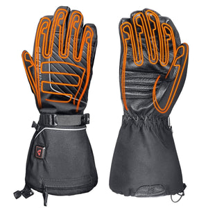 Black heated gloves by Gerbing, showing glowing orange heating elements, quilted back, and smooth palm.