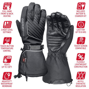 Black heated gloves by Gerbing, shown front and back, with ribbed knuckles, wide gauntlet cuffs, and a control button.