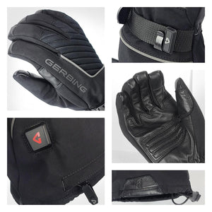 Black battery-heated gloves by Gerbing, detailed with textured palm, adjustable wrist strap, and power button.